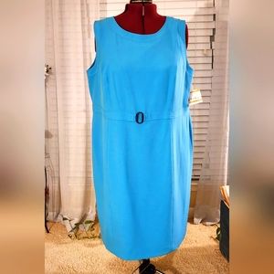 NWT Kasper Ocean Blue Sleeveless Crepe Belted Waist Dress 24W